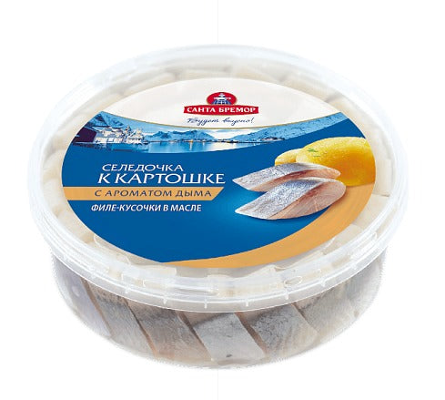 Fillet pieces of herring "Santa Bremor" "Herring for potatoes" with the aroma of smoke in oil 500g