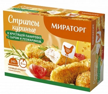 Chicken strips coated in crispy breadcrumbs, served with cheese and rosemary 340g
