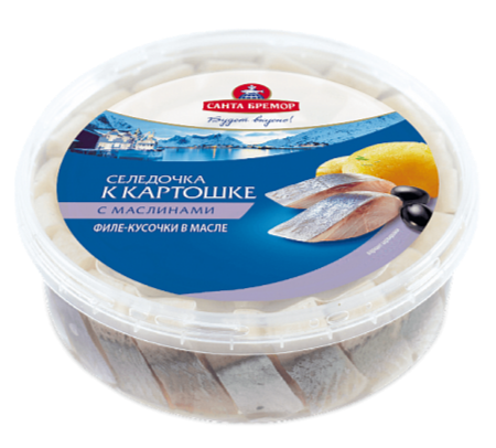 Fillet-pieces of herring "Santa Bremor" "Herring for potatoes" with olives in oil 350g