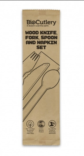 16CM WOOD KNIFE, FORK, SPOON & NAPKIN SET