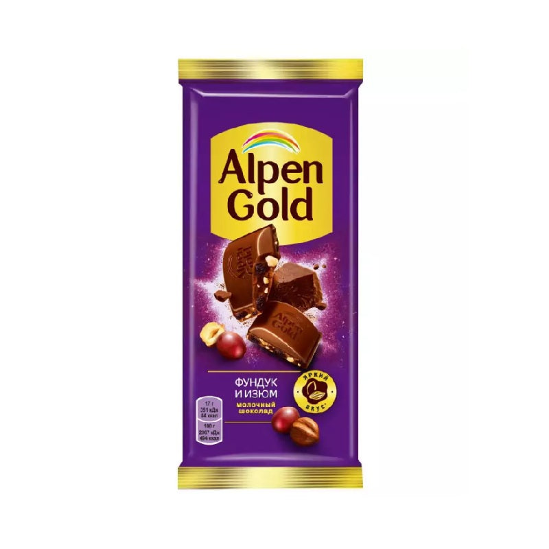 Alpen Gold Milk Chocolate with Hazelnuts and Raisins, 80g