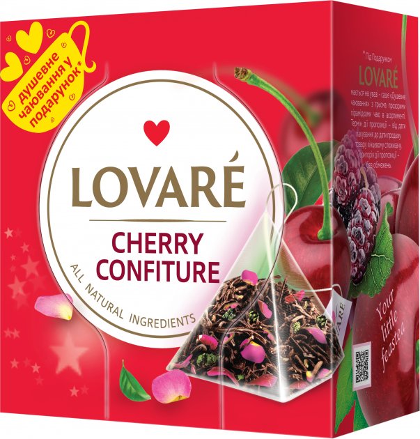 A blend of black and green leaf tea with flower petals and the aroma of cherries and mulberries Lovare Cherry Confiture 15 pyramids of 2g