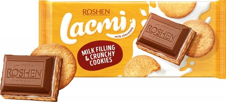 Packing of Lacmi milk chocolate with milk filling and VKF biscuits 100 g