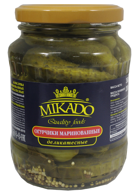 Pickled pickled cucumbers «Mikado» delicacy, 680ML