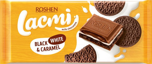 Milk chocolate "LACMI Black, White" with milk filling, caramel and cocoa biscuits VKF 100g