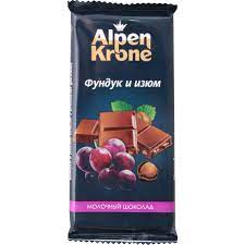 Milk chocolate "Alpen Krone" with hazelnuts and raisins, 90g