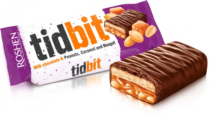 Packaging of chocolate bars Roshen TidBit dairy with nougat, soft caramel and peanuts 50g