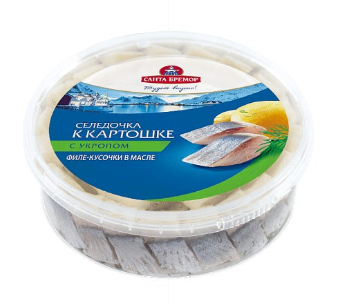 Fillet-pieces of herring "Santa Bremor" "Herring for potatoes" with dill in oil   500g