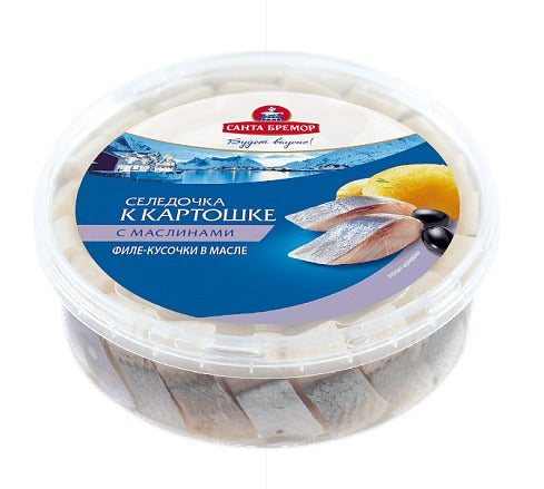 Fillet pieces of herring "Santa Bremor" "Herring for potatoes" with olives in oil  500g